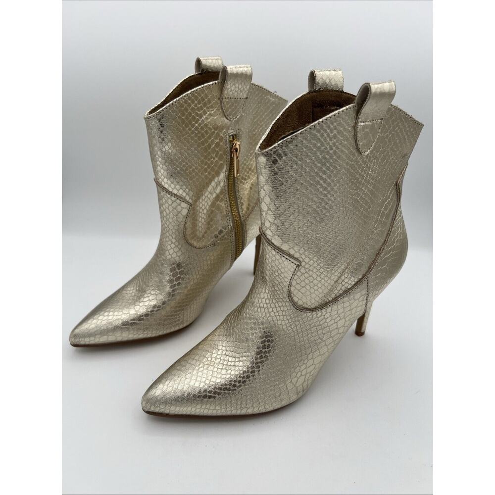 Shu Shop Yaneli Gold Foil Western Snake Stiletto Heel Pull on Boots Size 8